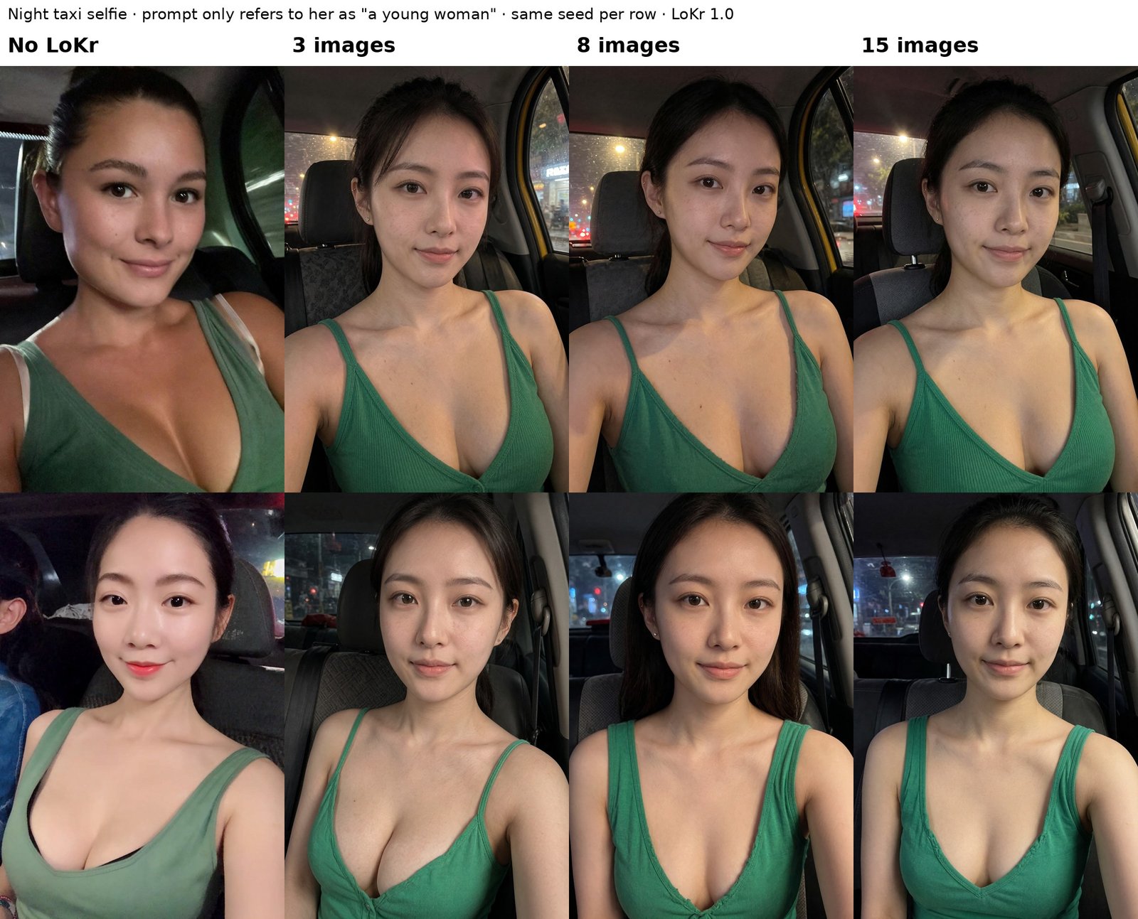 Taxi selfie: no LoKr vs 3, 8 and 15 image LoKrs